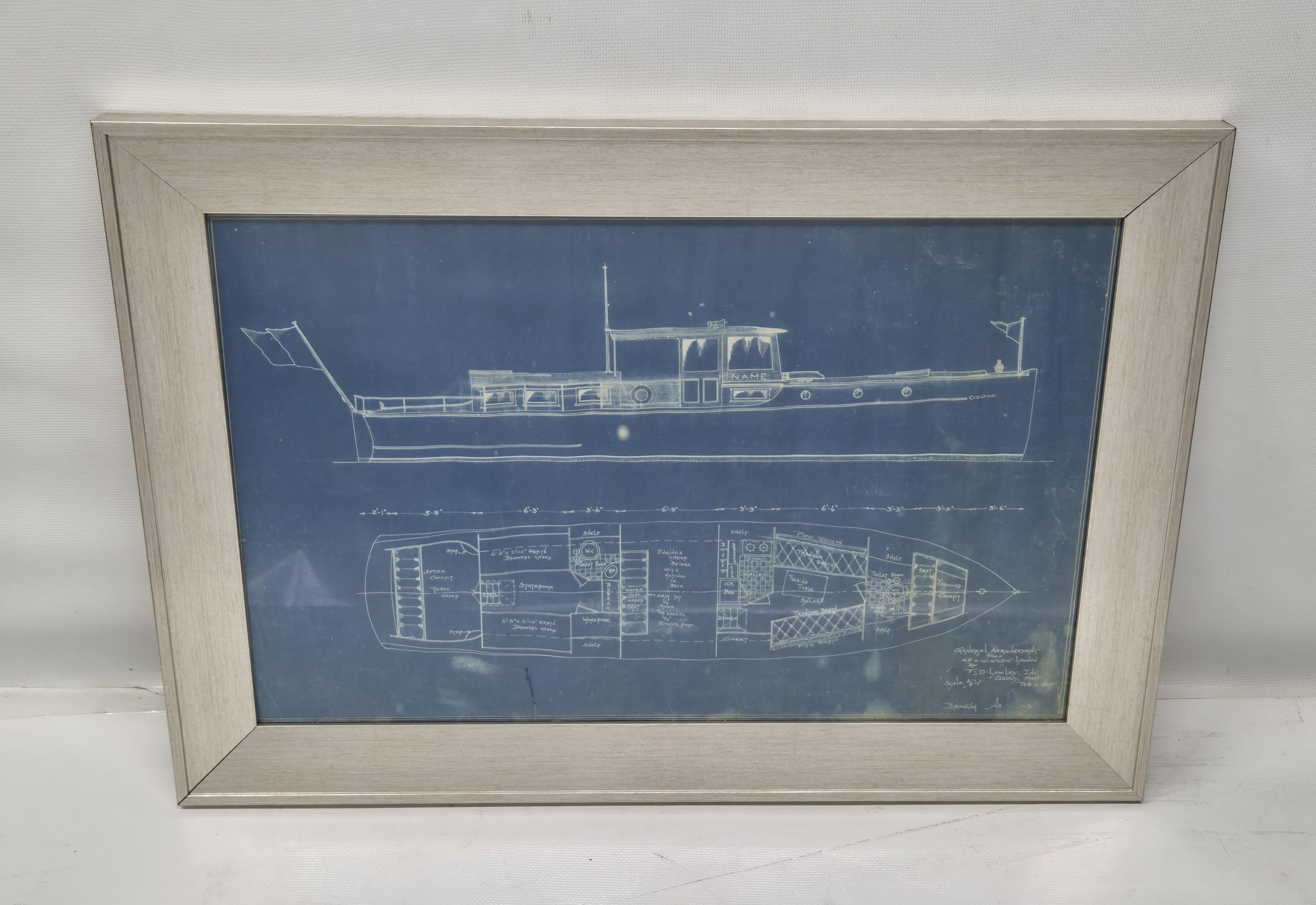 Extraordinario plano original de un yate del tablero de dibujo de Frederick D. Lawley de Boston, hijo de George Lawley. La leyenda dice Disposición general para una lancha de 45 pies por 10'10