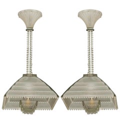 1927 Rene Lalique Art Deco Pair of Chandeliers Light Fixture Raven Glass