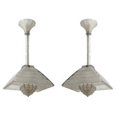 1927 Rene Lalique Art Deco Pair of Chandeliers Light Fixture Raven Glass