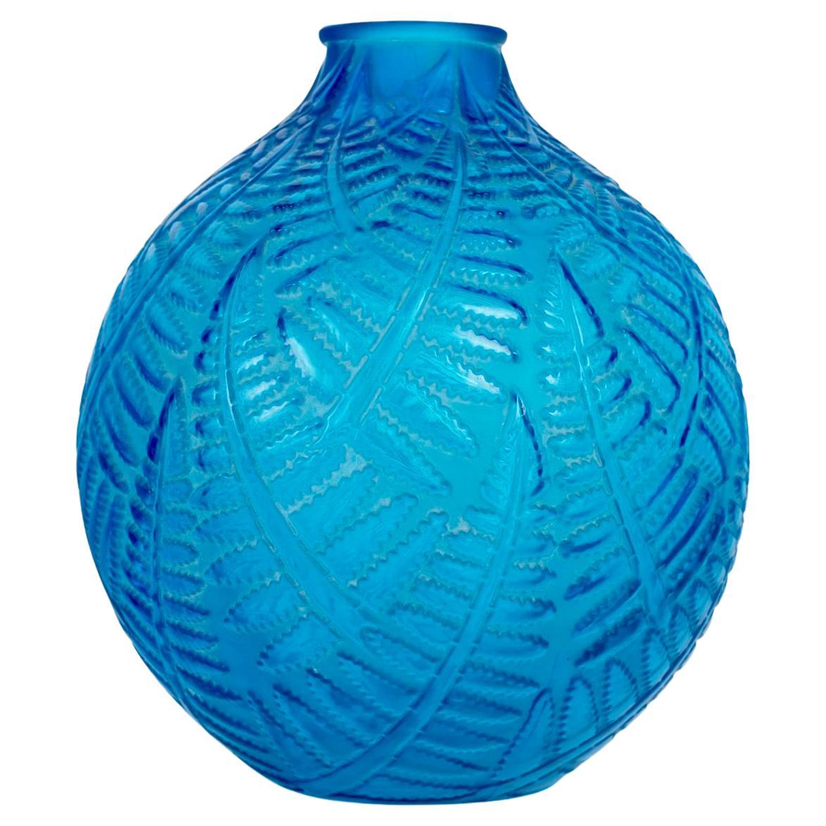 1927 René Lalique Art Deco Vase Espalion Electric Blue Glass with White Patina