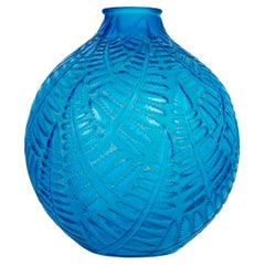 1927 René Lalique Art Deco Vase Espalion Electric Blue Glass with White Patina