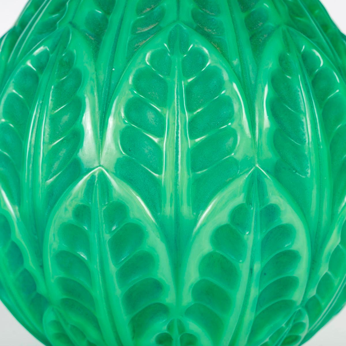 Molded 1927 Rene Lalique Art Deco Vase Malesherbes Jade Green Glass Green Patina