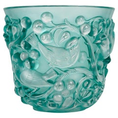 1927 René Lalique Avallon Vase Frosted Glass Turquoise Patina Sparrows Birds