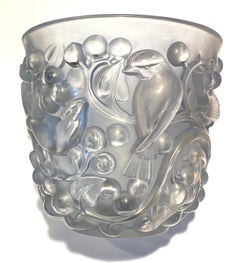 1927 René Lalique Avallon Vase in Frosted and Blue Stained Glass - Sparrow Bird