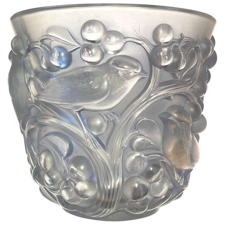 1927 René Lalique Avallon Vase in Frosted and Blue Stained Glass