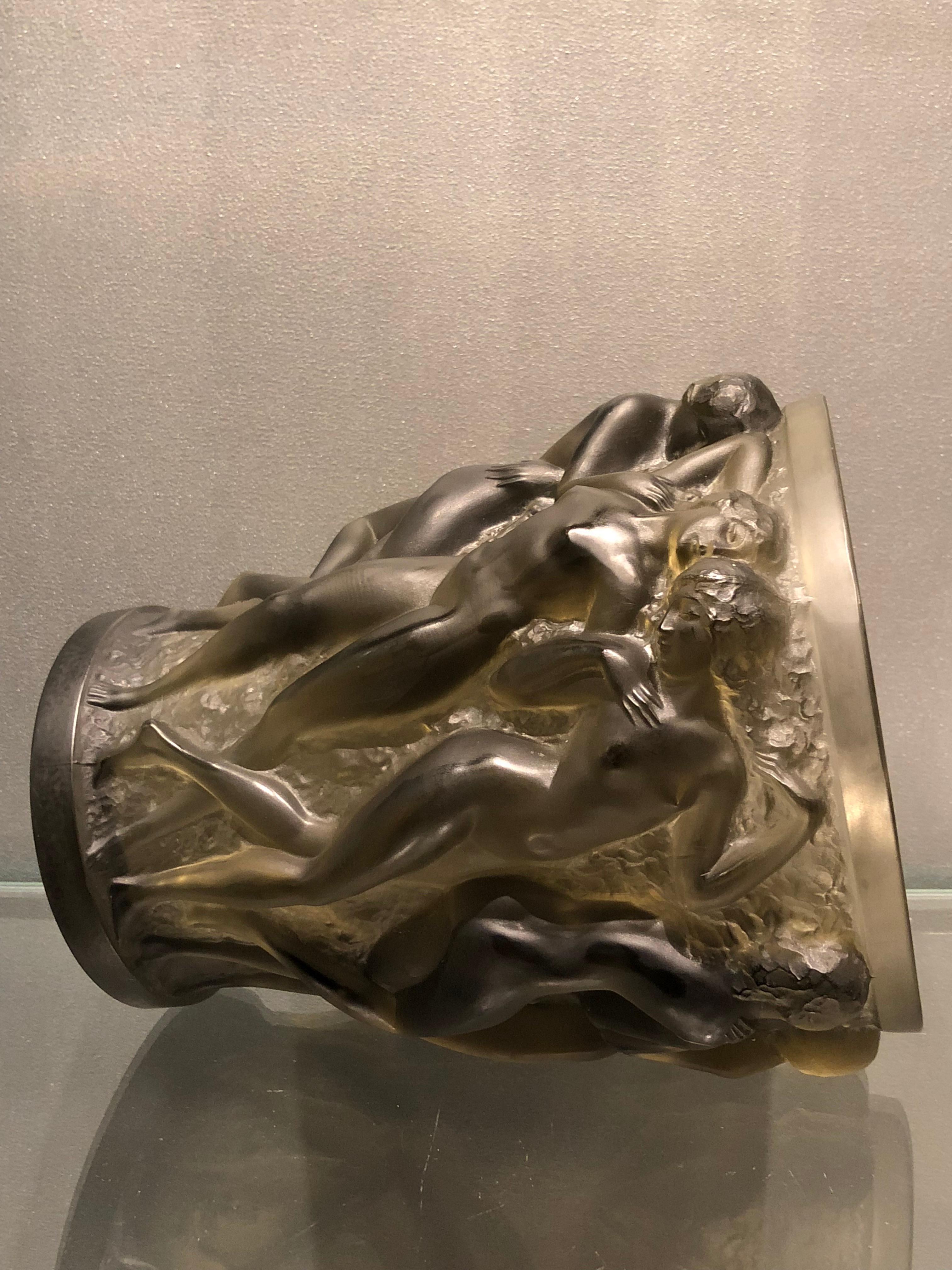 Art Deco 1927 René Lalique Bacchantes Vase in Grey Smoked Glass, Dancing Women
