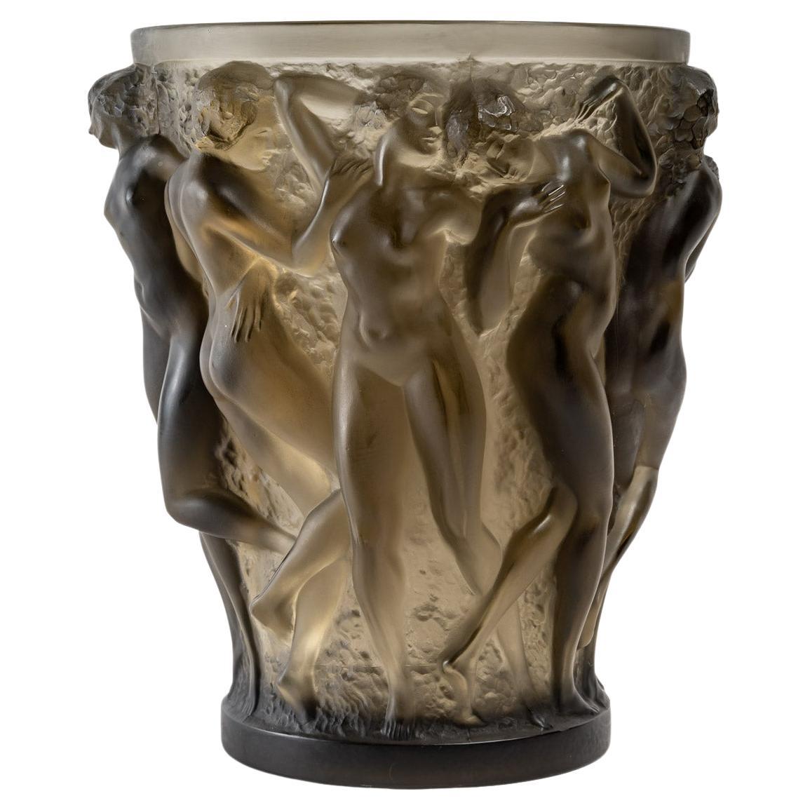 1927 René Lalique Bacchantes Vase in Grey Smoked Topaz Glass, Dancing Women