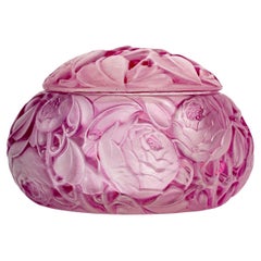 1927 René Lalique Box Dinard Frosted Glass with Pink Purple Patina - Roses