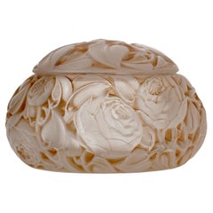 1927 René Lalique Box Dinard Frosted Glass with Sepia Patina, Roses Flowers
