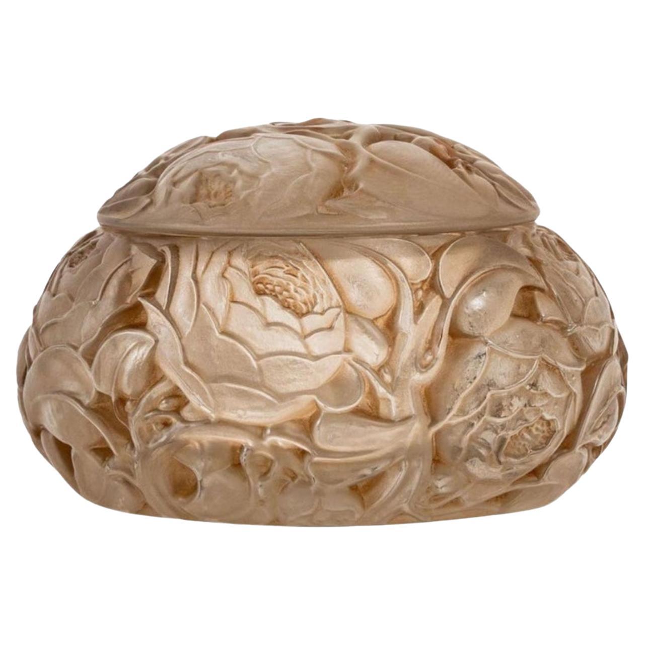 1927 René Lalique Box Dinard Frosted Glass with Sepia Patina, Roses Flowers