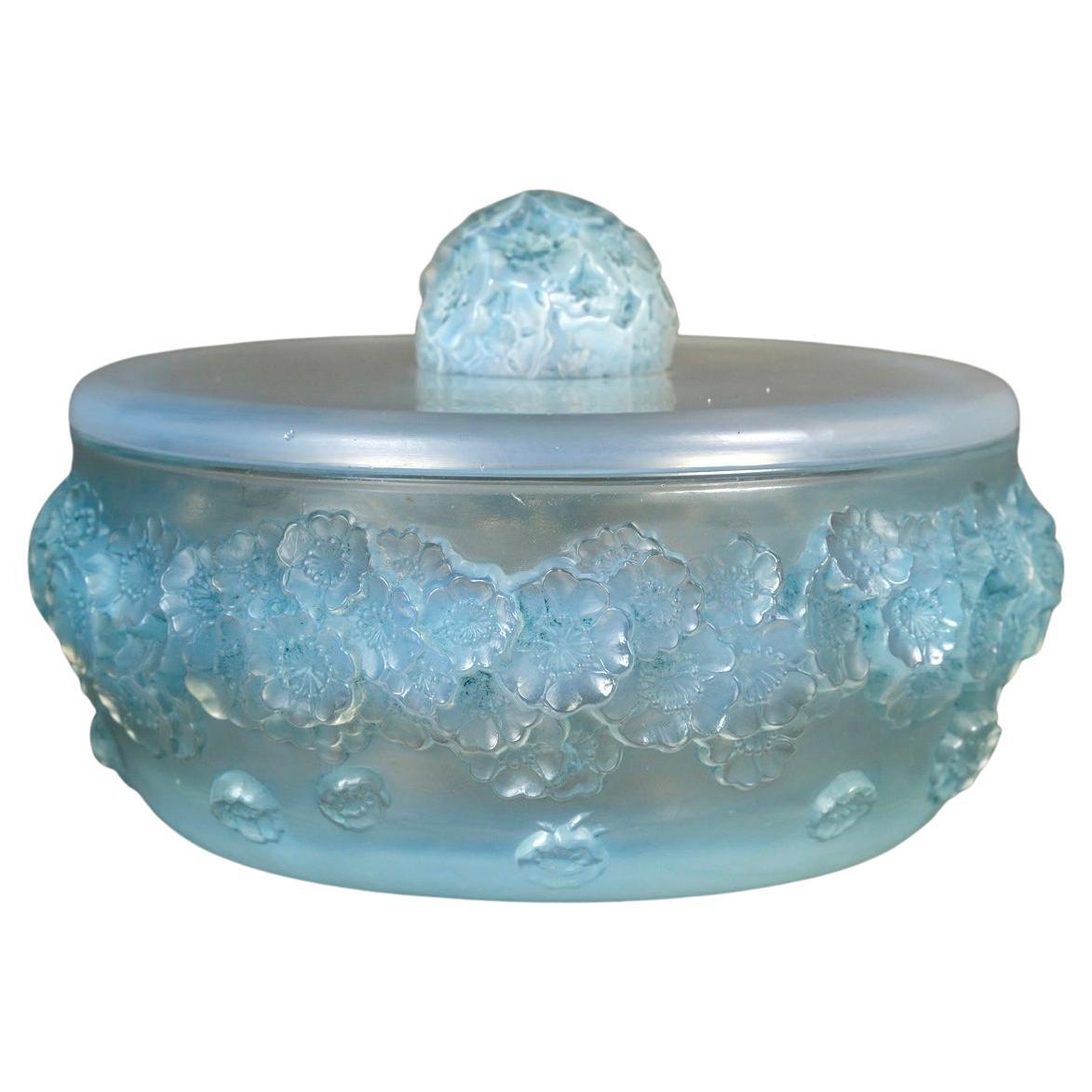 1927 Rene Lalique Box Primeveres Opalescent Glass with Blue Patina