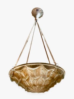 1927 René Lalique - Ceiling Fixture Light Chandelier Gaillon Glass Sepia Patina