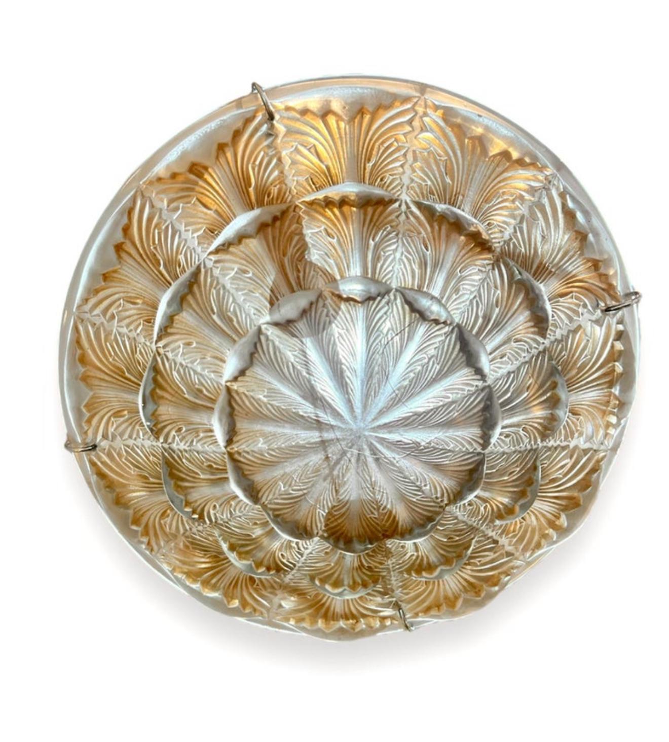 Art déco 1927 René Lalique - Plafonnier Light Chandelier Gaillon Verre Sepia Patina en vente