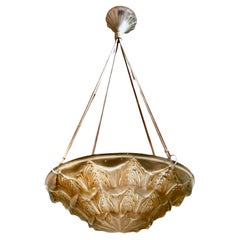 1927 René Lalique - Ceiling Fixture Light Chandelier Gaillon Glass Sepia Patina