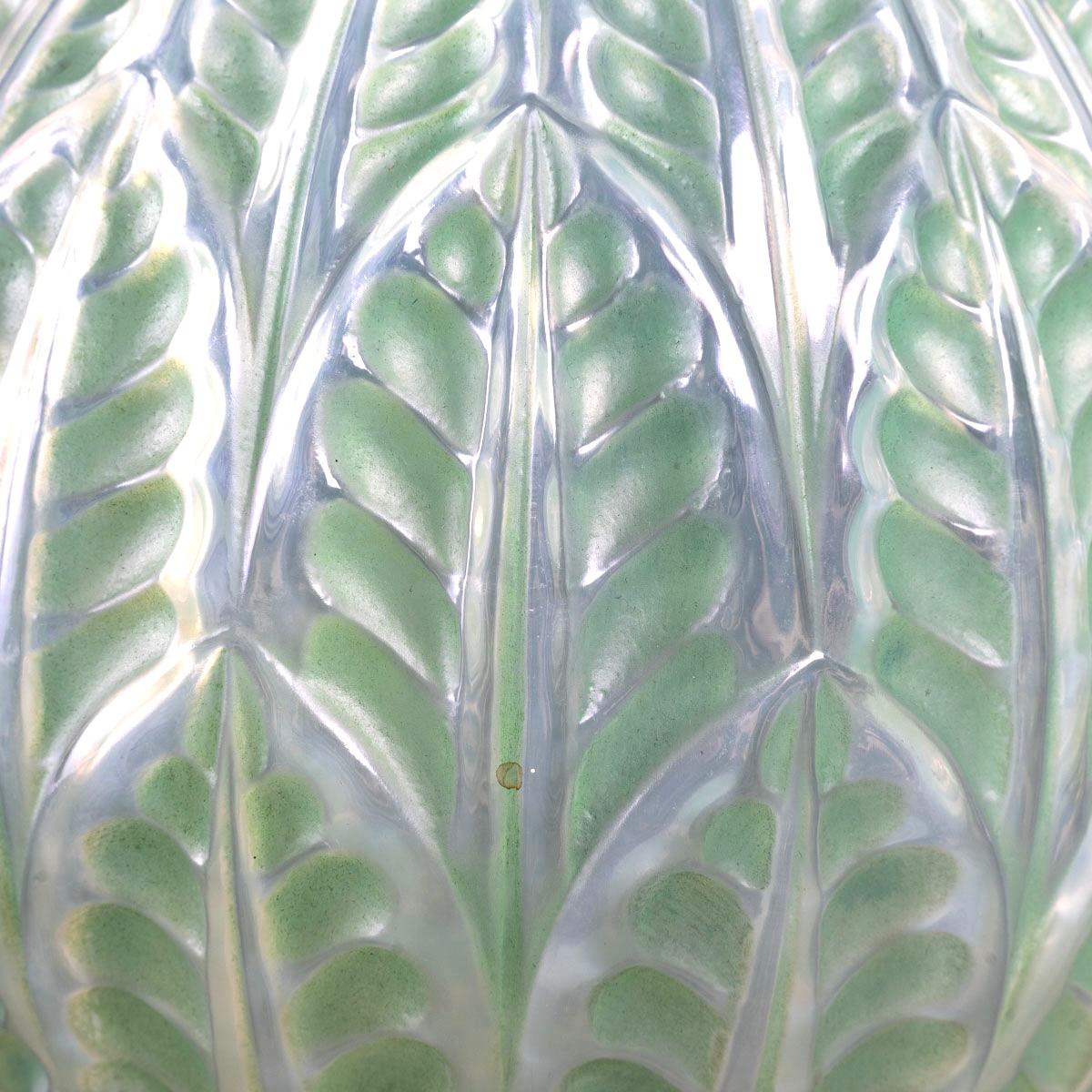 French 1927 René Lalique Malesherbes Vase in Double Cased Opalescent Glass Green Patina