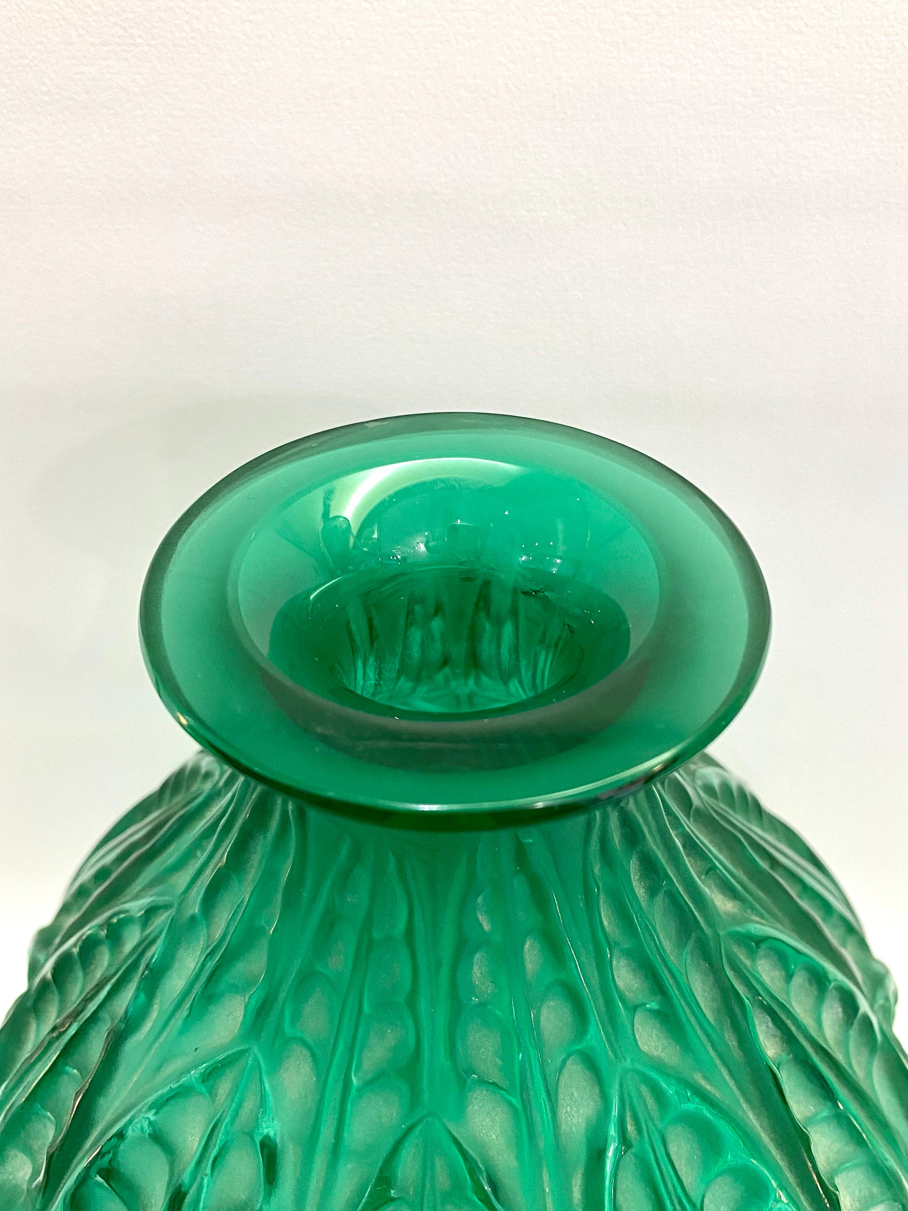 Molded 1927 René Lalique Malesherbes Vase in Emerald Green Glass Leaves