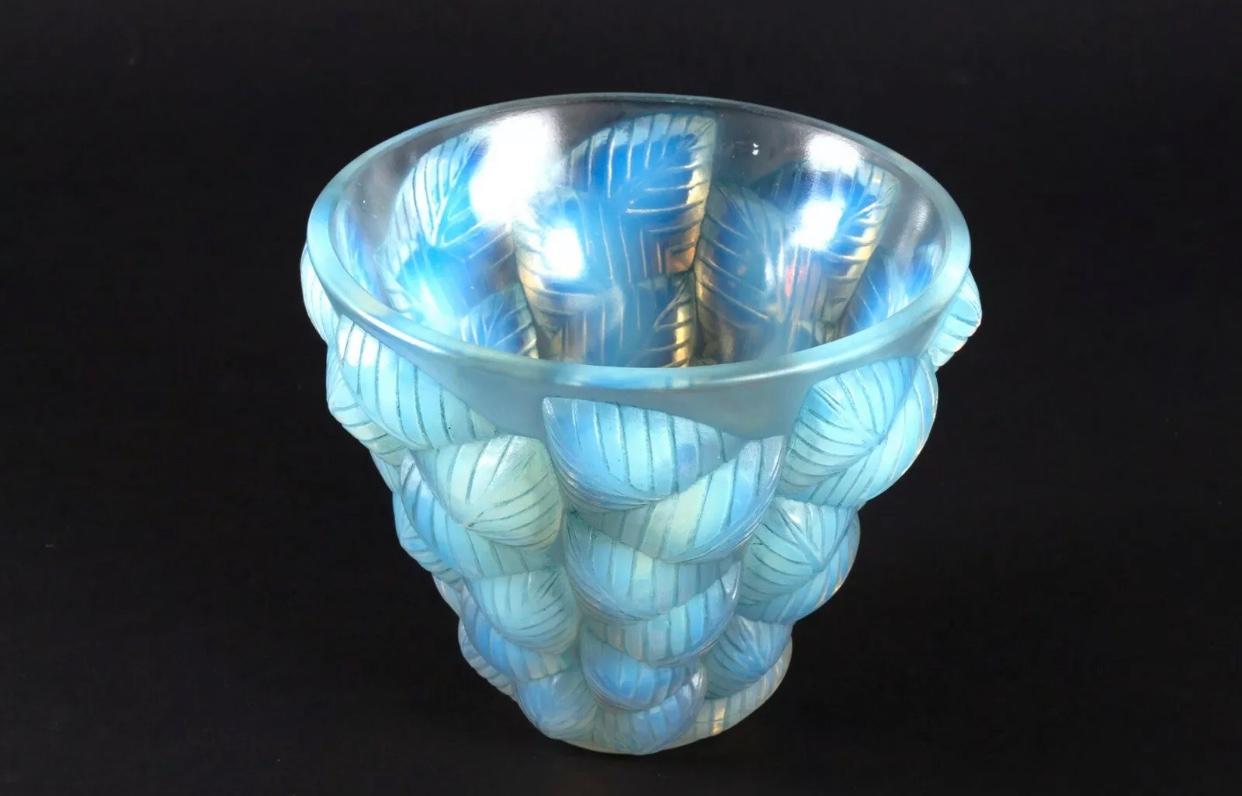 Molded 1927 René Lalique Moissac Vase in Opalescent Glass with Blue Stain Leaves