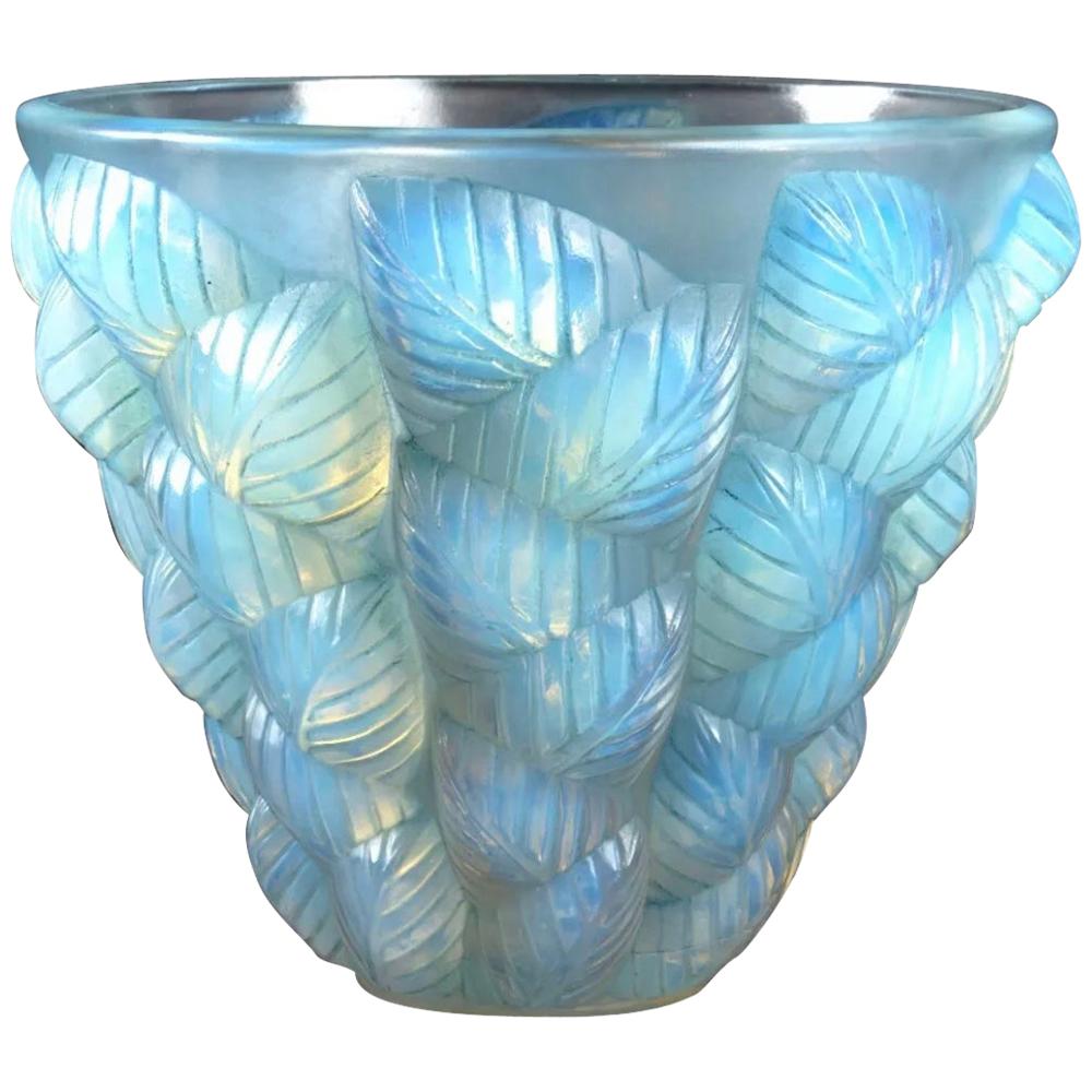 1927 René Lalique Moissac Vase in Opalescent Glass with Blue Stain Leaves