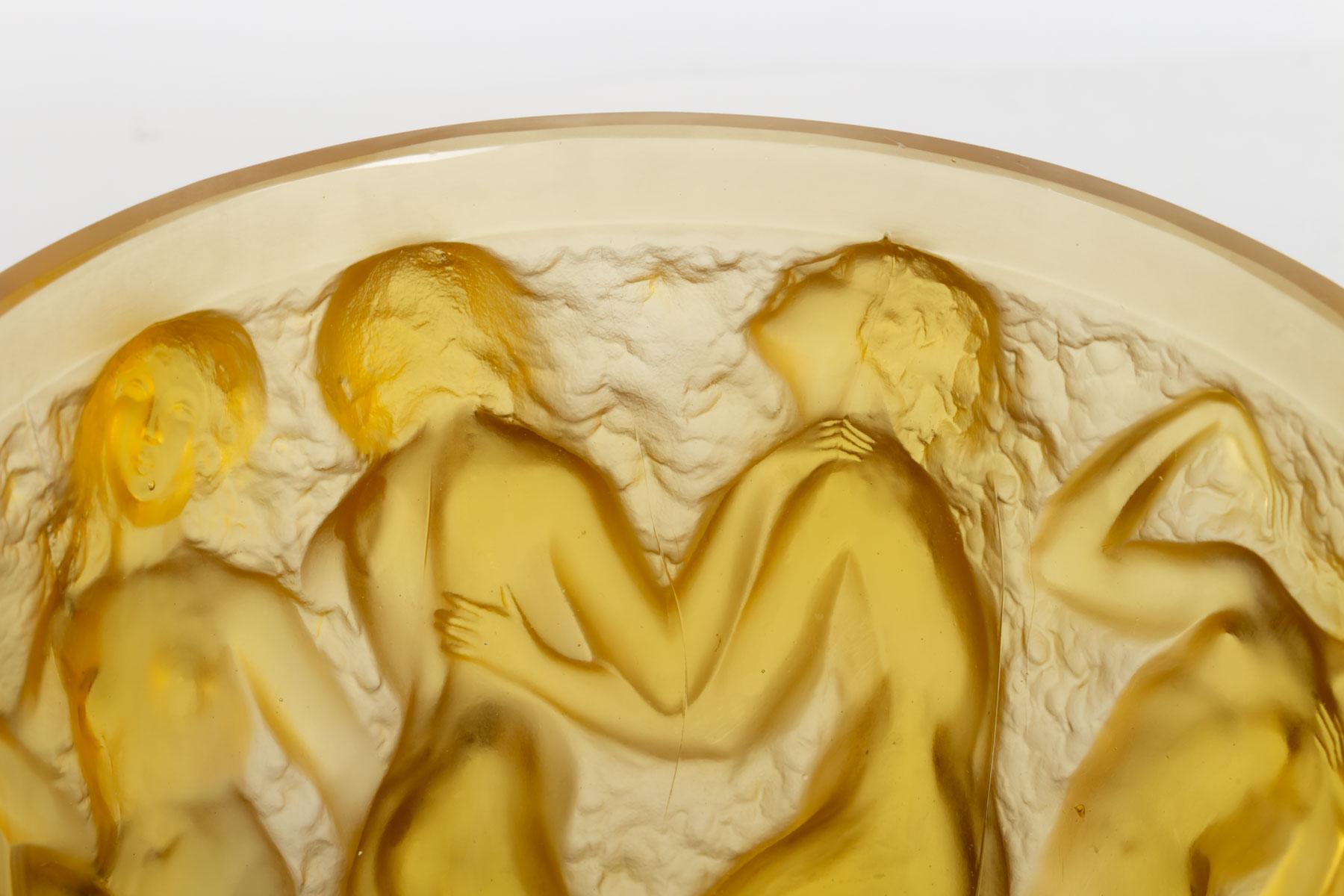 French 1927 René Lalique Original Bacchantes Vase in Yellow Amber Glass, Dancing Women