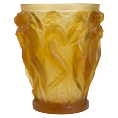 1927 René Lalique Original Bacchantes Vase in Yellow Amber Glass, Dancing Women