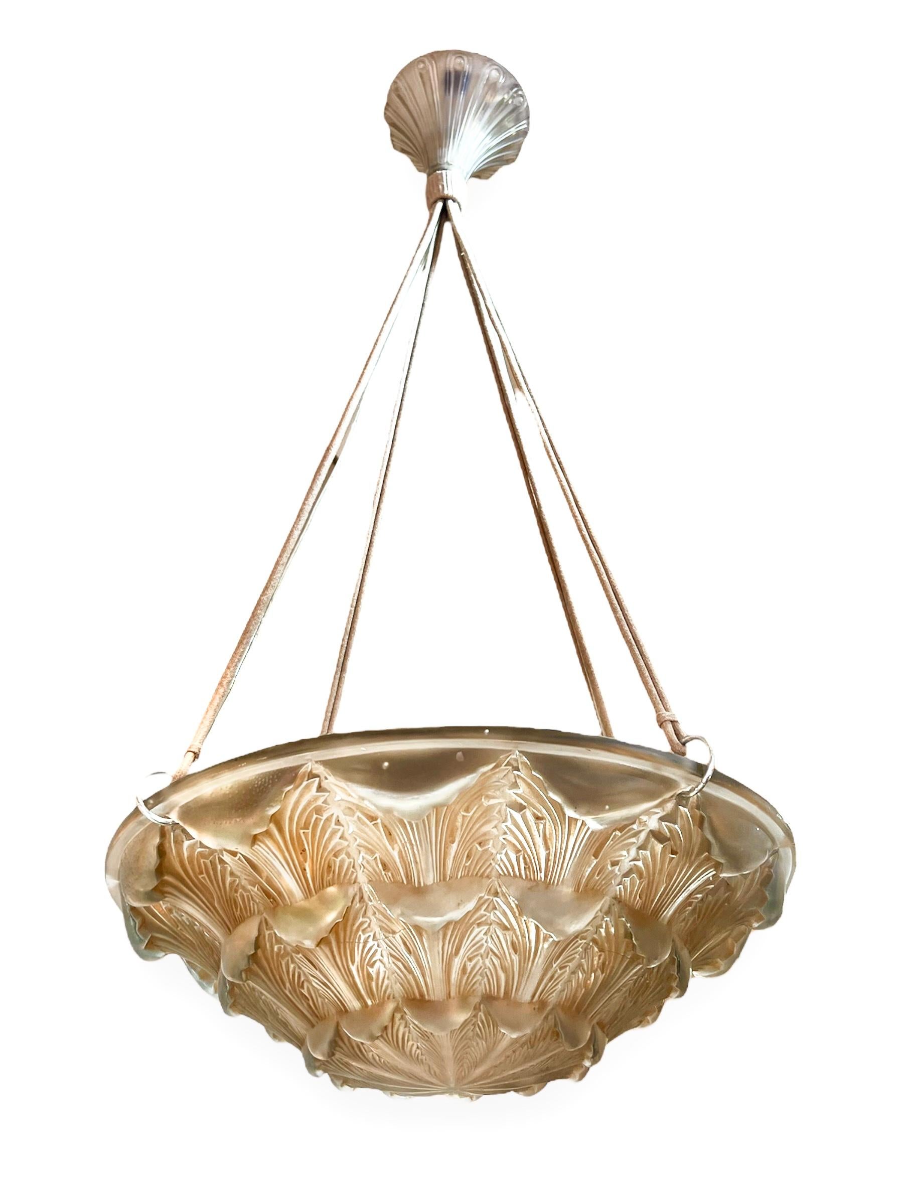 French 1927 René Lalique - Pair Of Ceiling Fixtures Lights Chandeliers Gaillon Glass For Sale