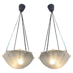 1927 René Lalique - Pair Of Ceiling Fixtures Lights Chandeliers Lierre Glass