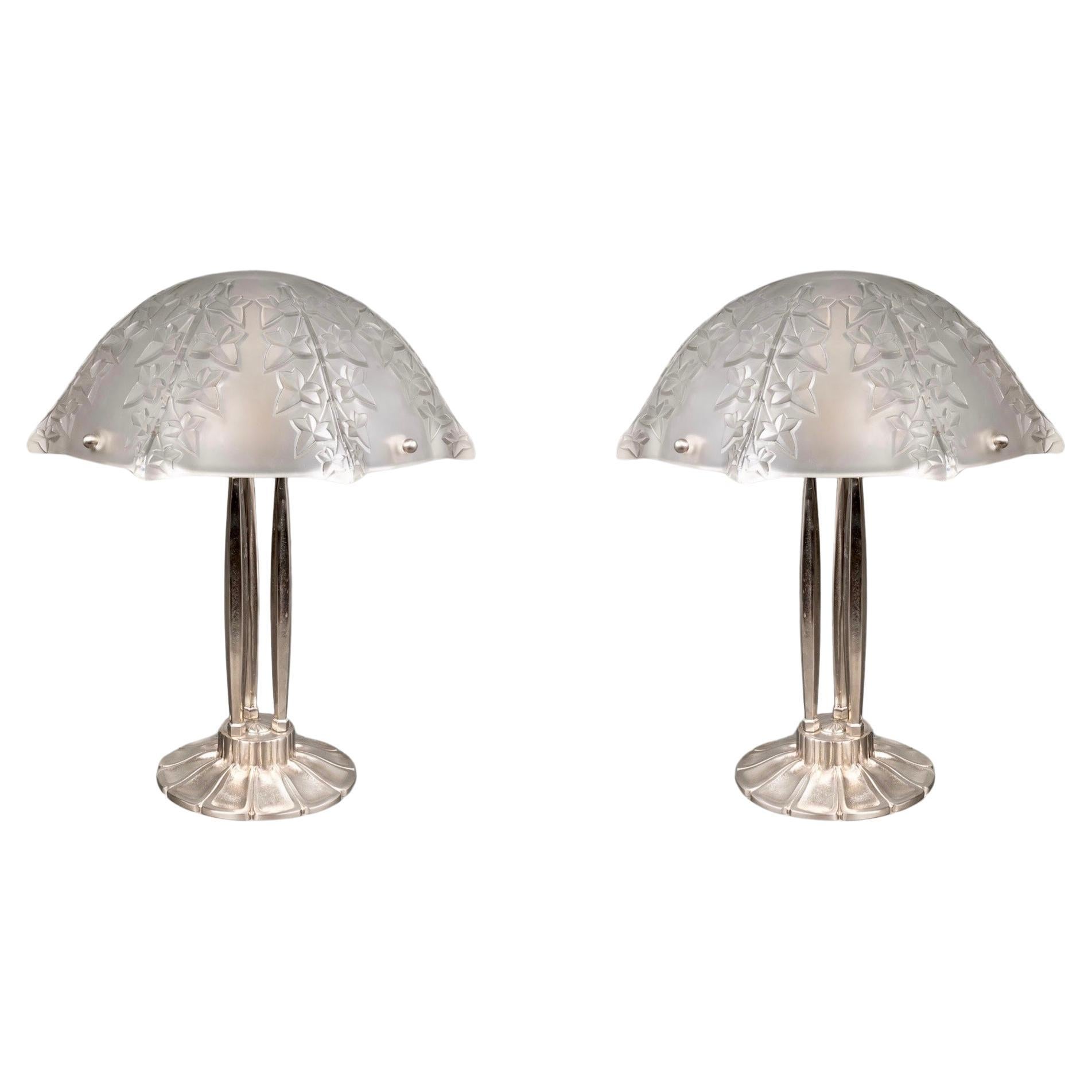 1927 René Lalique - Pair Of Lamps Lierre Ivy Glass & Nickeled Bronze  For Sale
