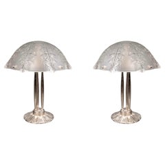 1927 René Lalique - Pair Of Lamps Lierre Ivy Glass & Nickeled Bronze 