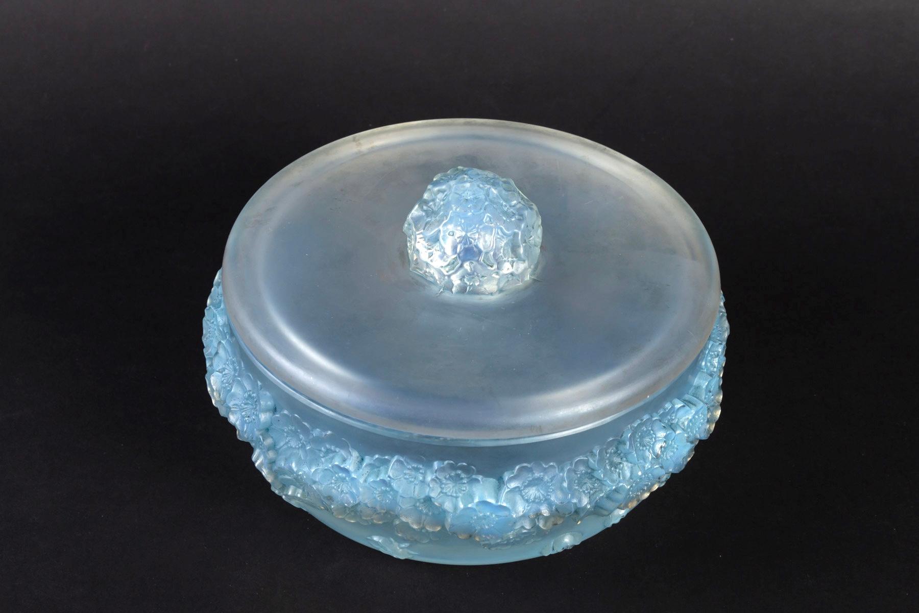 French 1927 Rene Lalique Primevères Box Opalescent and Blue Stained Glass, Flowers