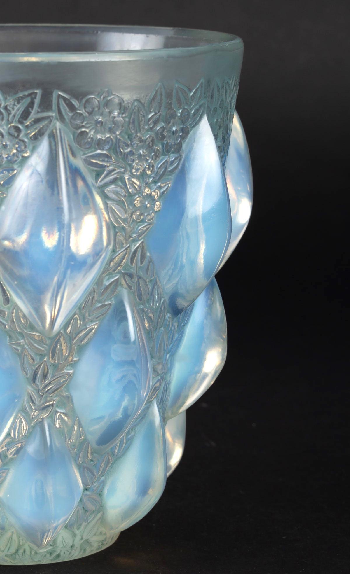 French 1927 René Lalique Rampillon Vase in Opalescent Glass with Blue-Green Patina