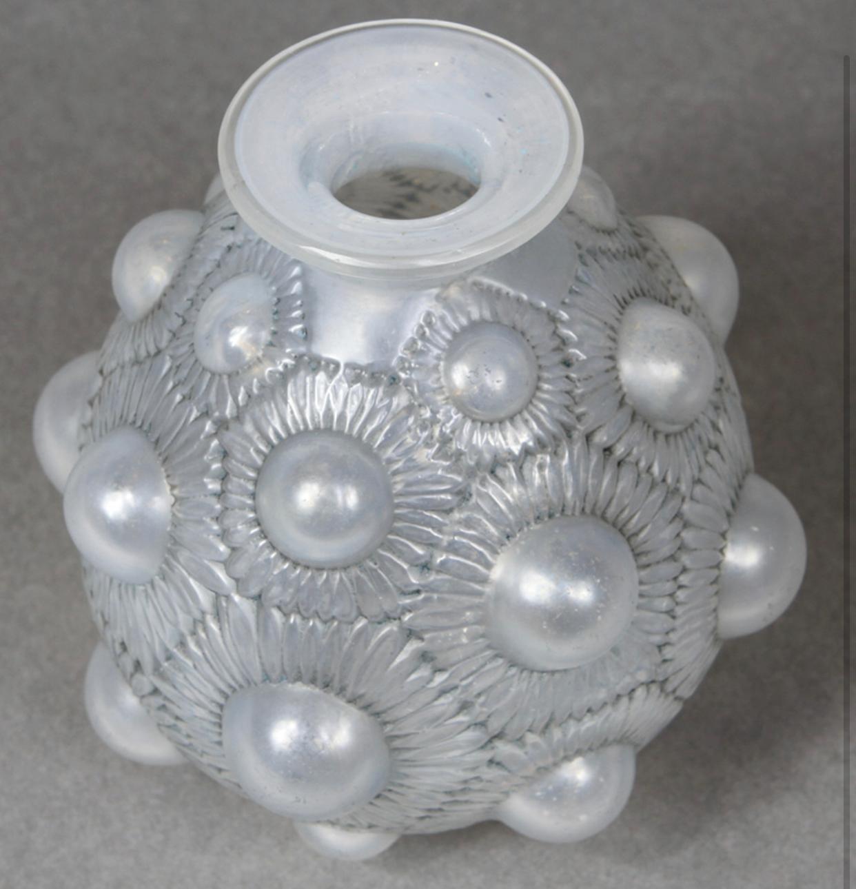 French 1927 René Lalique Tournesols Vase in Opalescent Glass Grey Patina