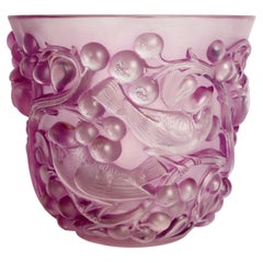 1927 René Lalique - Vase Avallon Glass with Pink Patina Sparrows Birds