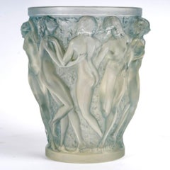 1927 Rene Lalique Vase Bacchantes Frosted Glass with Blue Patina