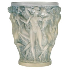 1927 Rene Lalique Vase Bacchantes Frosted Glass with Blue Patina