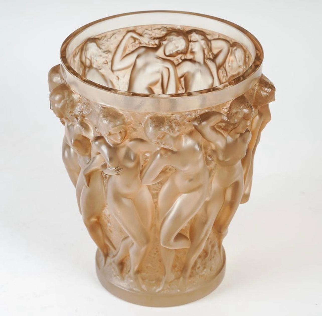 Art Deco 1927 Rene Lalique Vase Bacchantes Frosted Glass with Sepia Patina For Sale