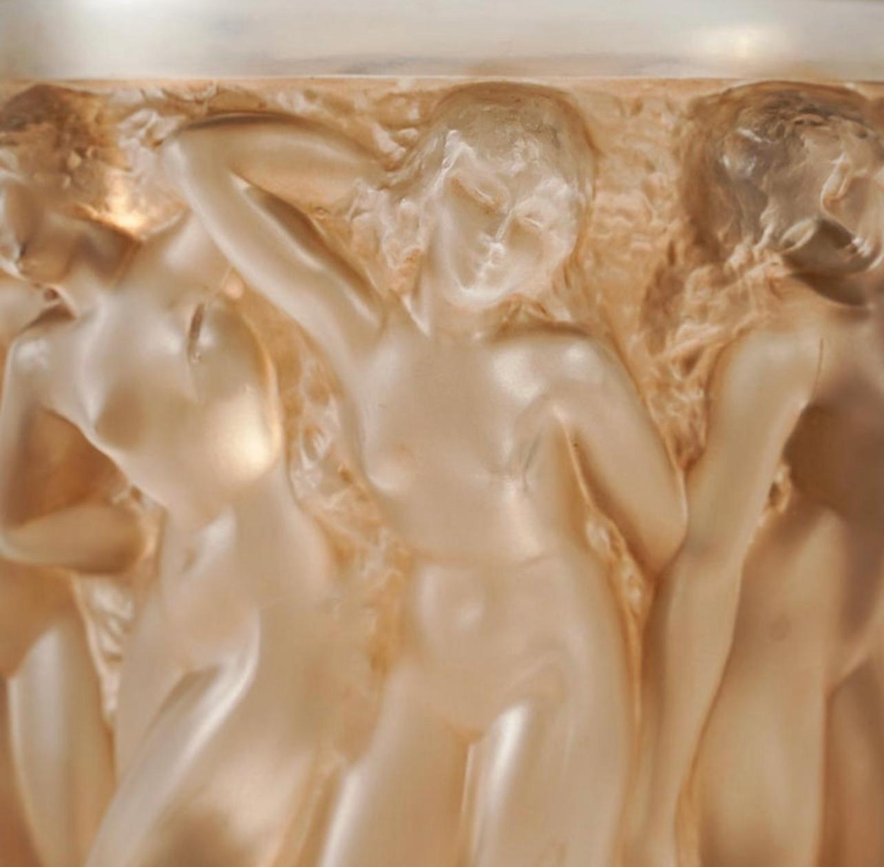 French 1927 Rene Lalique Vase Bacchantes Frosted Glass with Sepia Patina For Sale