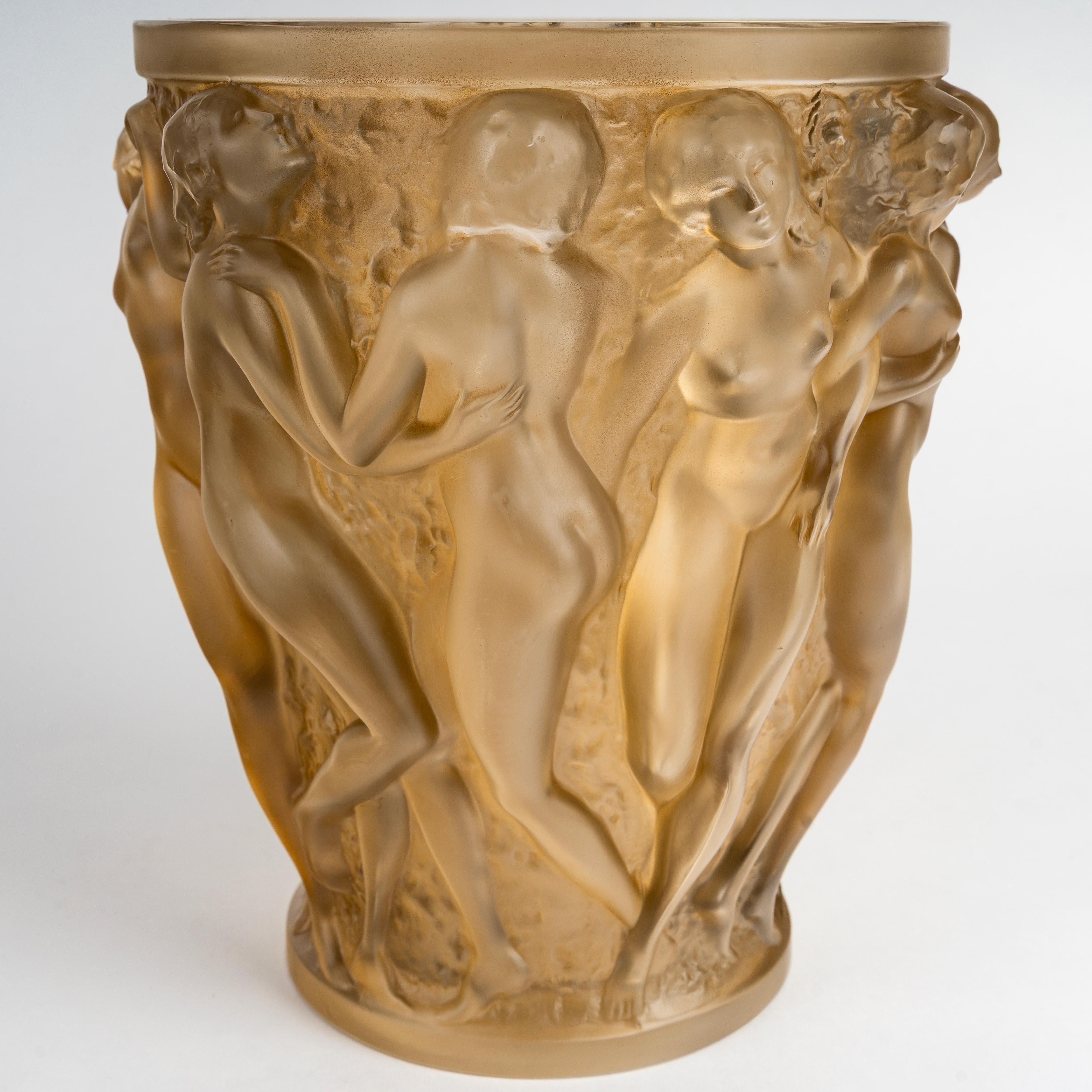 Art Deco 1927 Rene Lalique Vase Bacchantes Glass with Sepia Patina For Sale