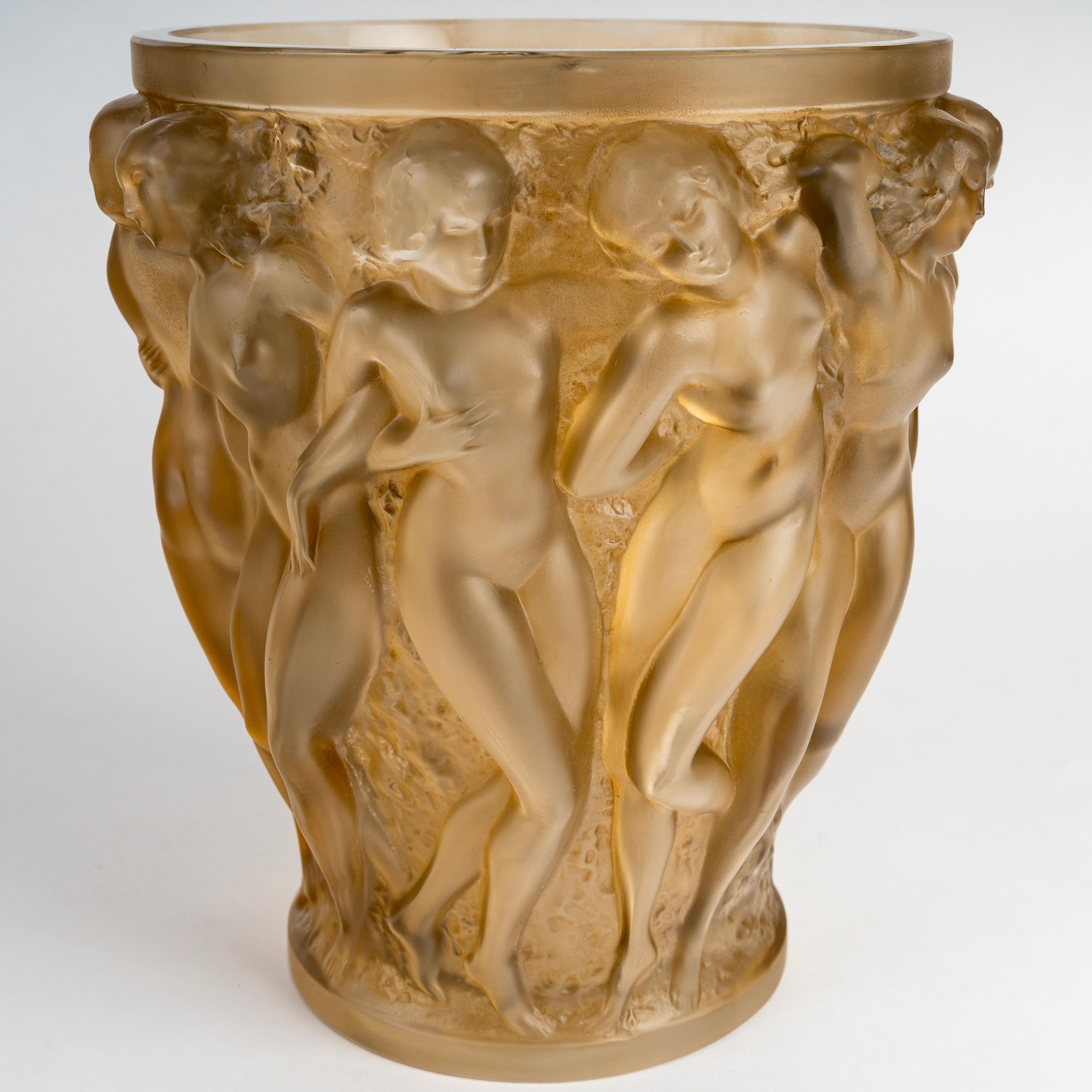 French 1927 Rene Lalique Vase Bacchantes Glass with Sepia Patina For Sale