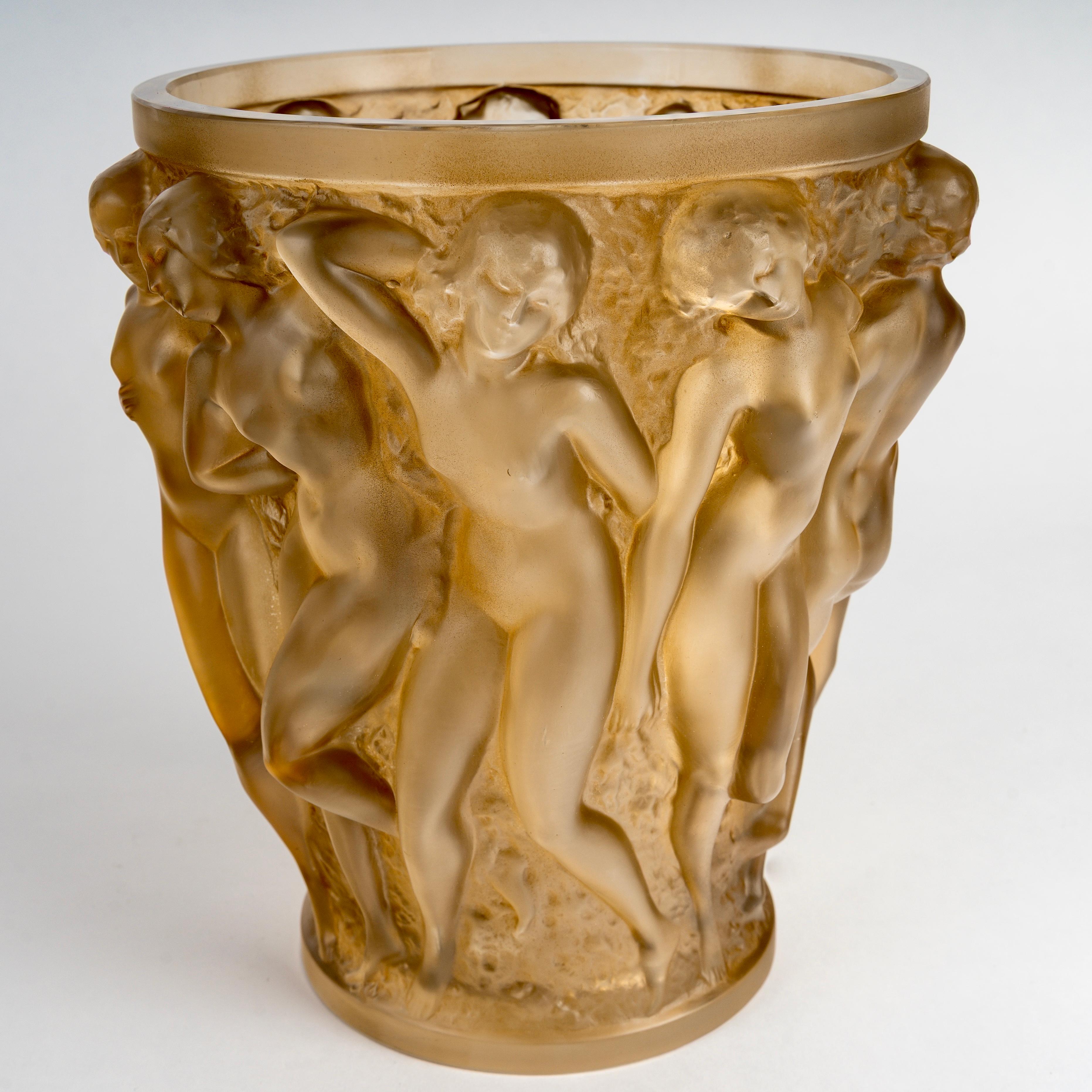 Molded 1927 Rene Lalique Vase Bacchantes Glass with Sepia Patina For Sale
