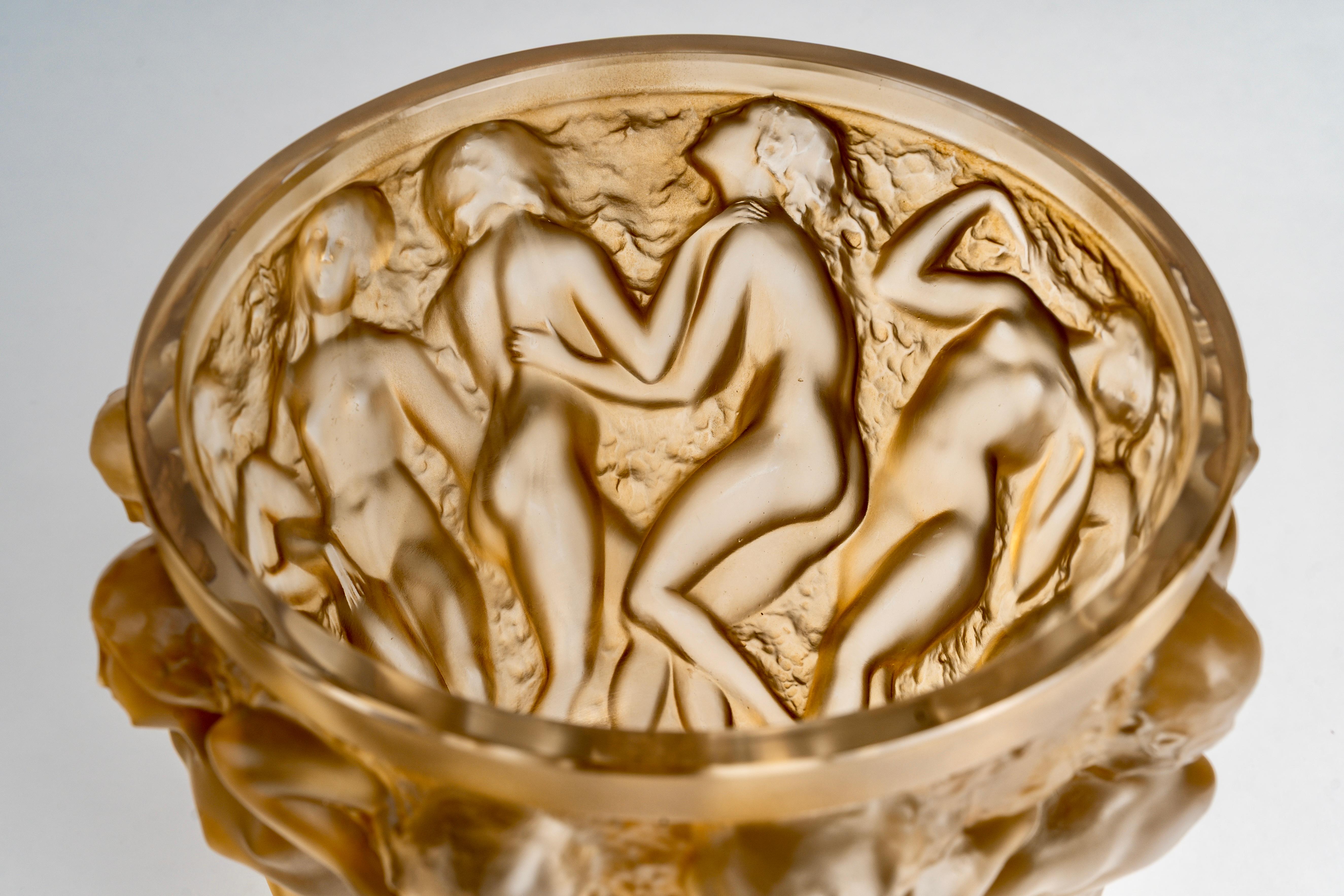 Blown Glass 1927 Rene Lalique Vase Bacchantes Glass with Sepia Patina For Sale