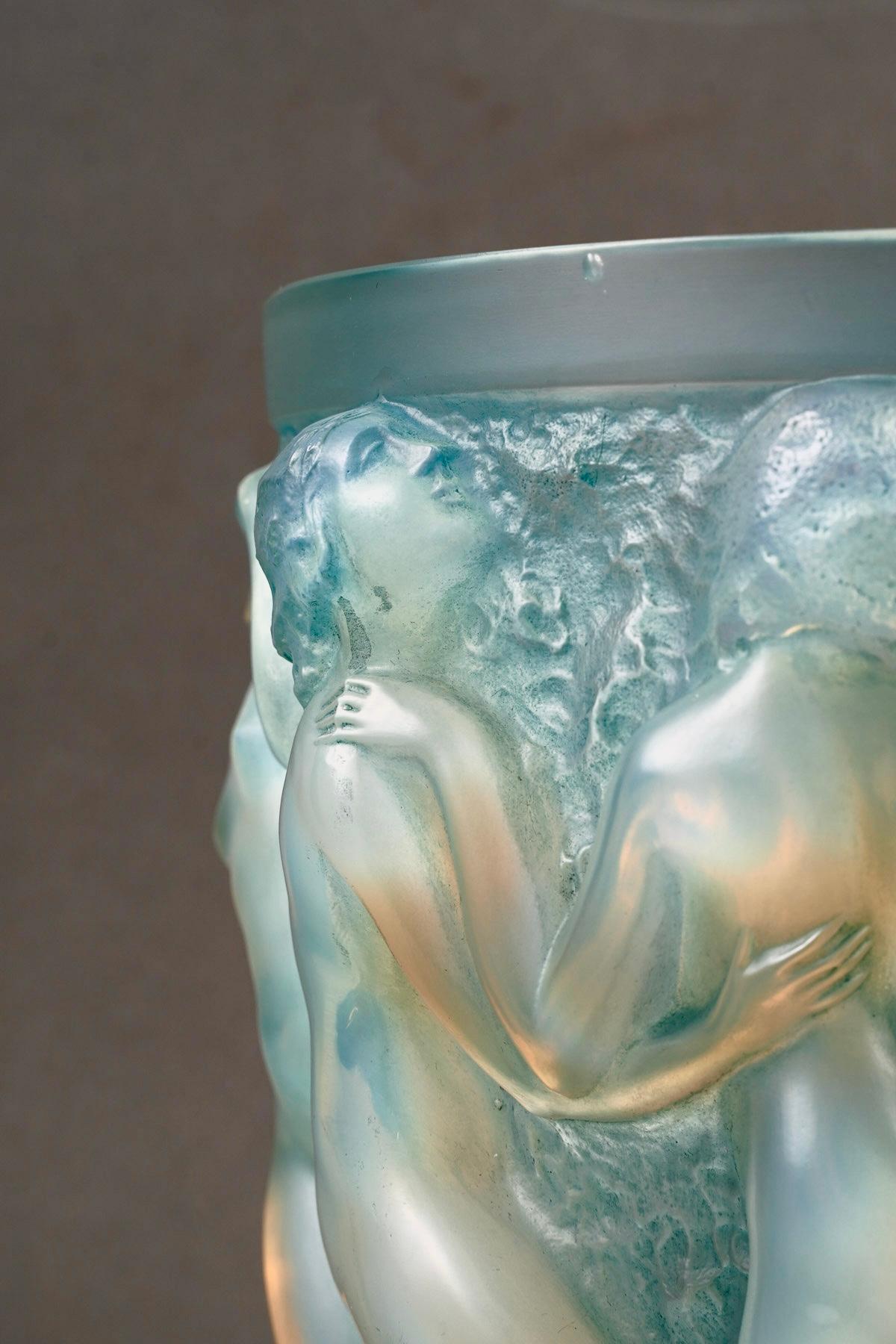 French 1927 René Lalique, Vase Bacchantes Opalescent Glass with Blue Patina