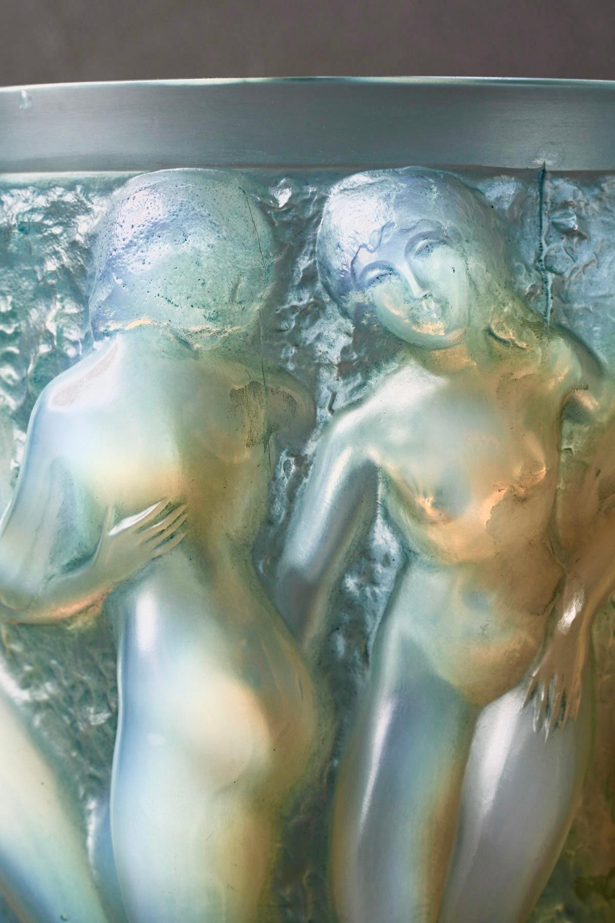 Molded 1927 René Lalique, Vase Bacchantes Opalescent Glass with Blue Patina
