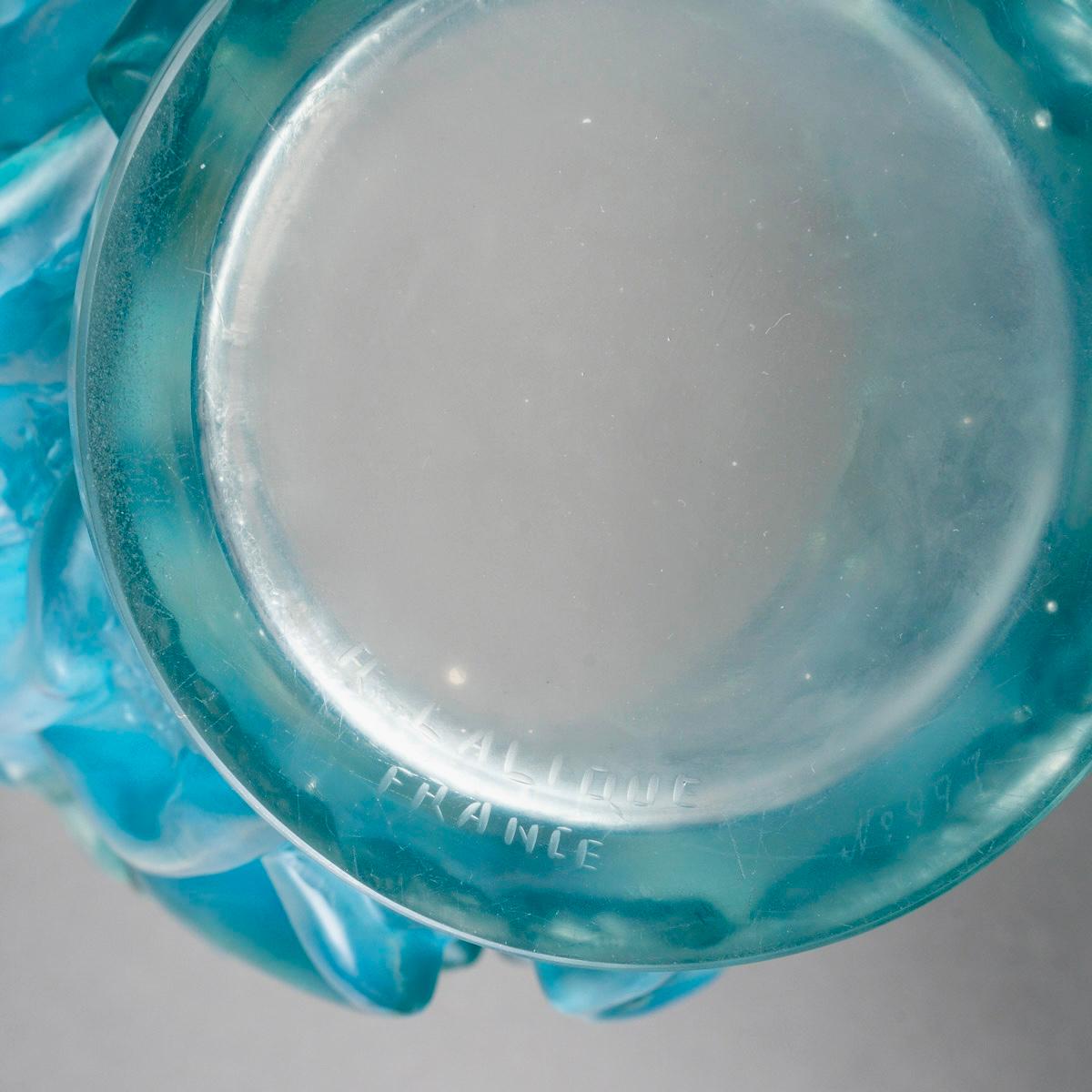 Molded 1927 René Lalique, Vase Bacchantes Opalescent Glass with Blue Patina