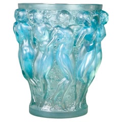 1927 René Lalique, Vase Bacchantes Opalescent Glass with Blue Patina