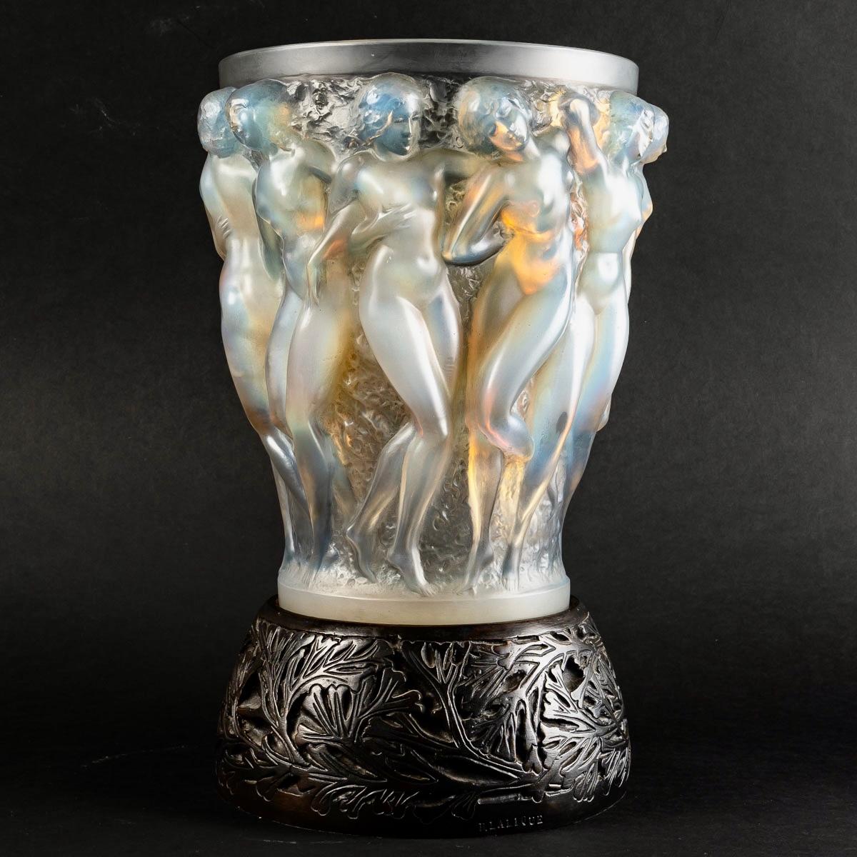 French 1927 René Lalique, Vase Bacchantes Opalescent Glass with Original Bronze Base
