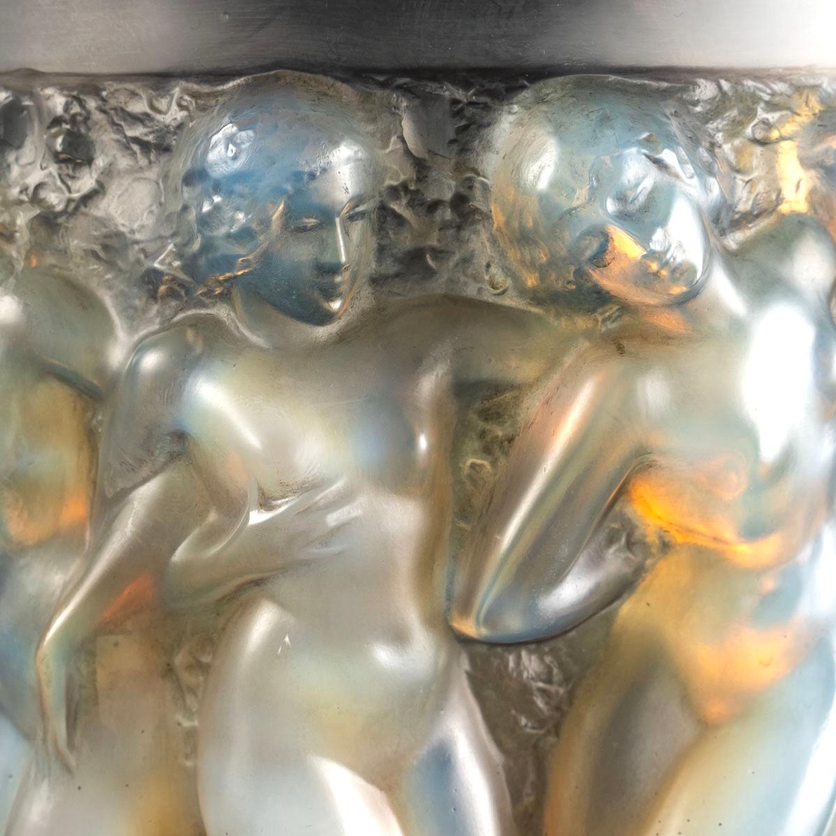 Molded 1927 René Lalique, Vase Bacchantes Opalescent Glass with Original Bronze Base