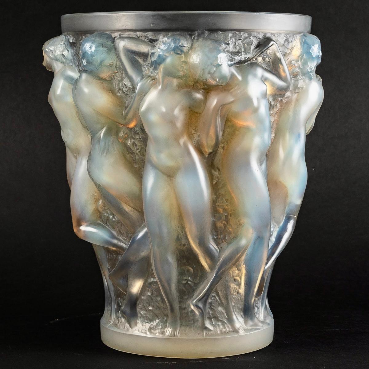 Blown Glass 1927 René Lalique, Vase Bacchantes Opalescent Glass with Original Bronze Base