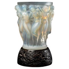 1927 René Lalique, Vase Bacchantes Opalescent Glass with Original Bronze Base
