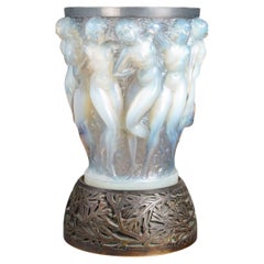 1927 René Lalique, Vase Bacchantes Opalescent Glass with Original Bronze Base