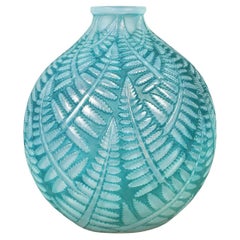 Antique 1927 René Lalique Vase Espalion Cased Opalescent Glass with Blue Patina